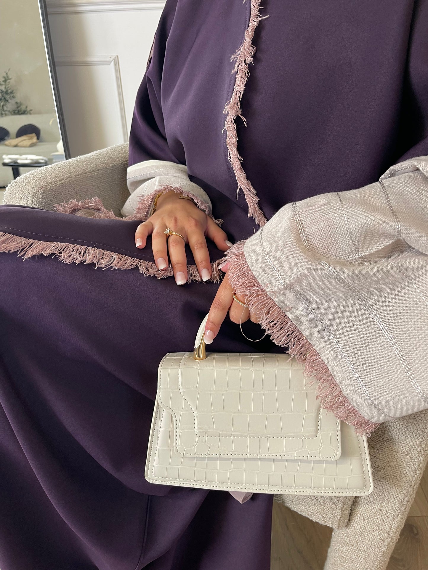 Violet Beige Frayed Abaya