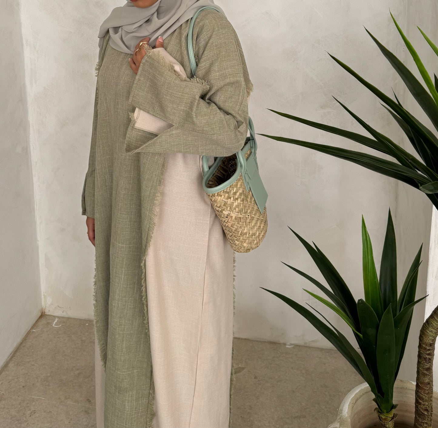 Pistachio Sage & Cream Open abaya