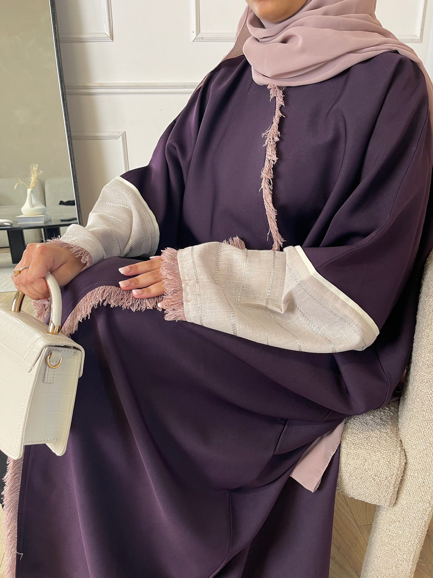 Violet Beige Frayed Abaya